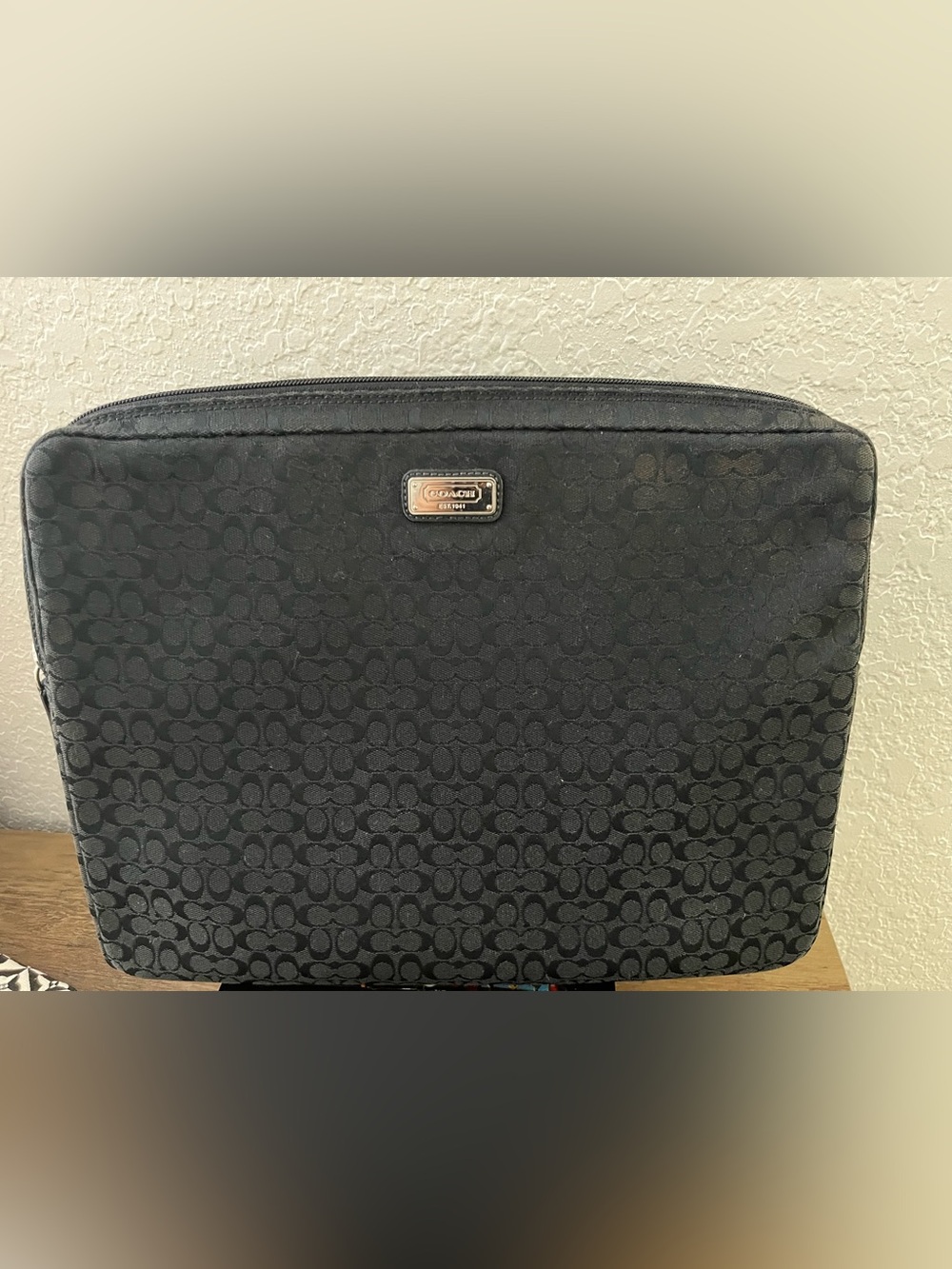 Coach Black Signature Laptop Sleeve with Logo Plaque